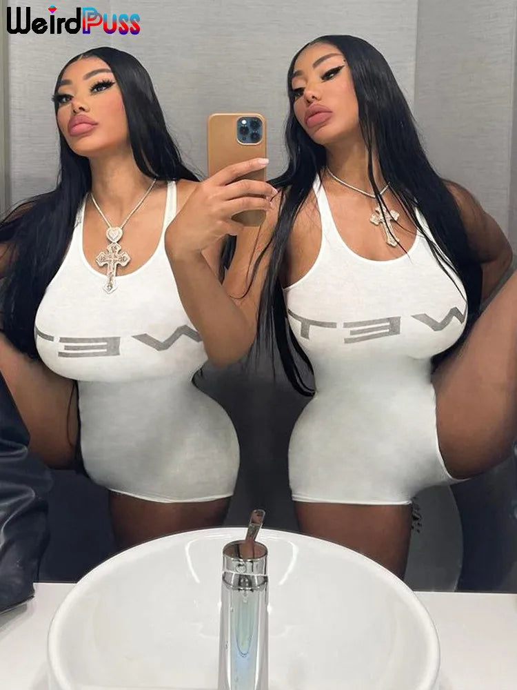 nibber Letter Print Romper Women Low-Neck Sporty Casual Sleeveless Stretch Activity Skinny Playsuit Tight Short Overalls Aviola