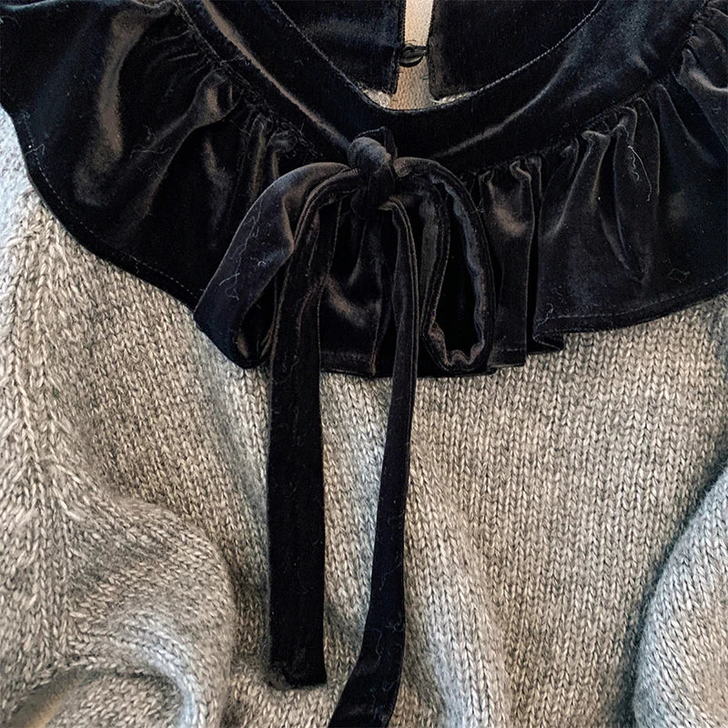 MEXZT Vintage Bow Sweater Women Streetwear Velvet Patchwork Knitted Pullovers Long Sleeve Knitwears Winter Korean Casual Jumpers Aviola