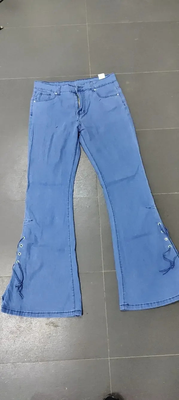 Full Length Flare Pants Women Jean Washed Denim Pants Zipper Fly Loose Fit Pockets High Waist Basics Lace Up Vintage Solid Aviola
