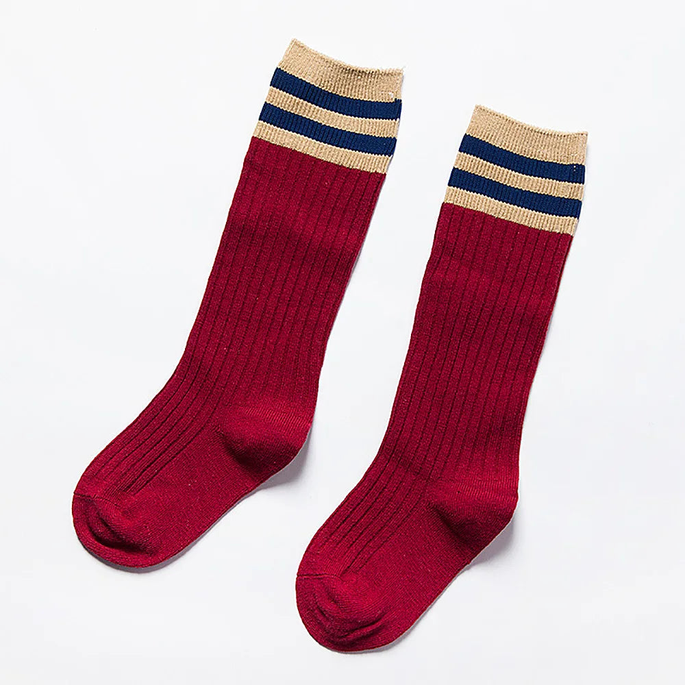 6 Pairs Students Stockings Stripe Pattern Children Sports Socks Solid Color Breathable Knee Stockings for 7-9 Years Old Aviola
