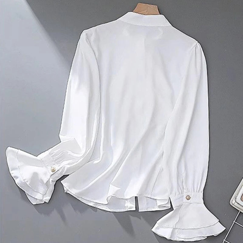 MEXZT Vintage White Shirts Women Elegant Ruffles Flare Long Sleeve Blouses Office Ladies Korean Single Breasted Design Chic Tops Aviola