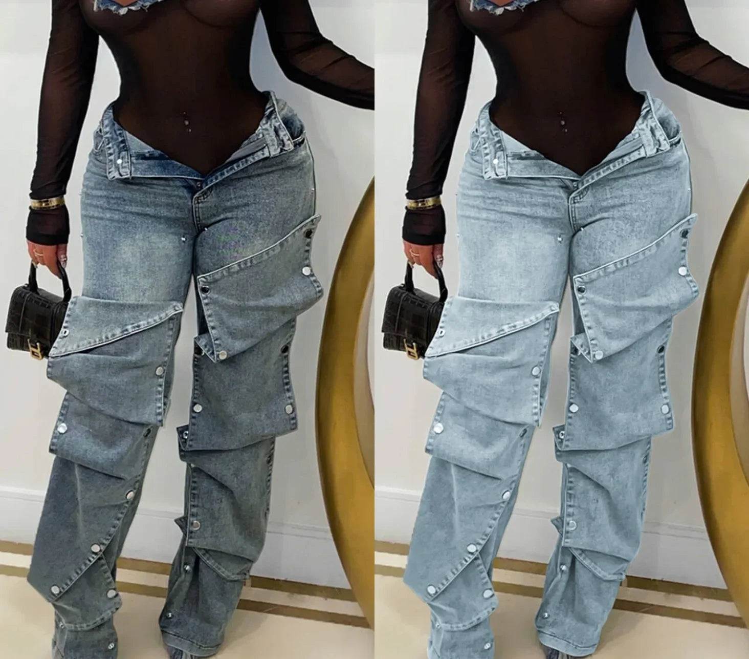 Jeans Denim Pants Women Straight Button Pockets High Waist Mom Floor Length Washed Distressed Strech Trousers 2025 Streetwear Aviola
