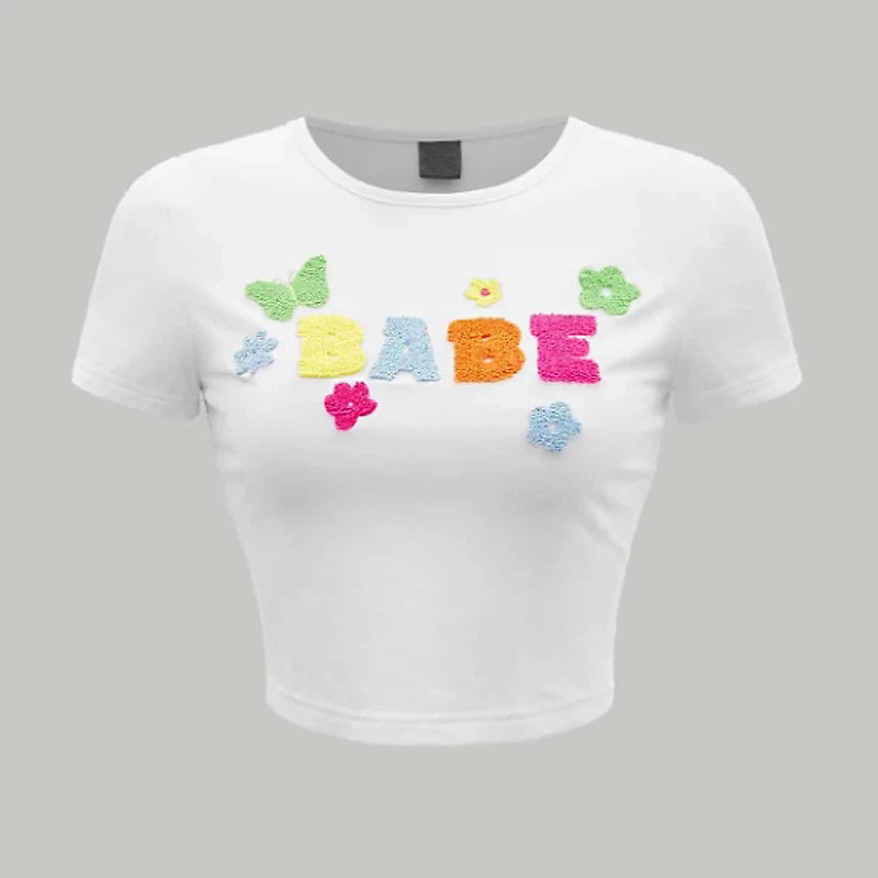 2024 Europe and the United States summer new letter embroidery print slim short casual round neck short-sleeved T-shirt crop top Aviola
