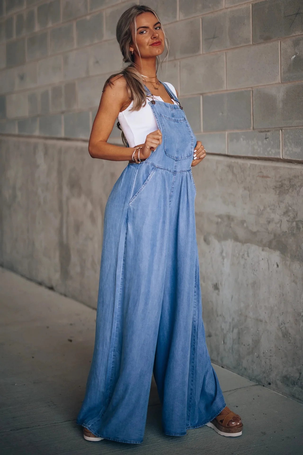 Pocket Design Wide Leg Suspender Denim Jumpsuit for Women Overall Cowboy BibSquare Neck Daily Regular Fit Sleeveless Summer Fall Aviola