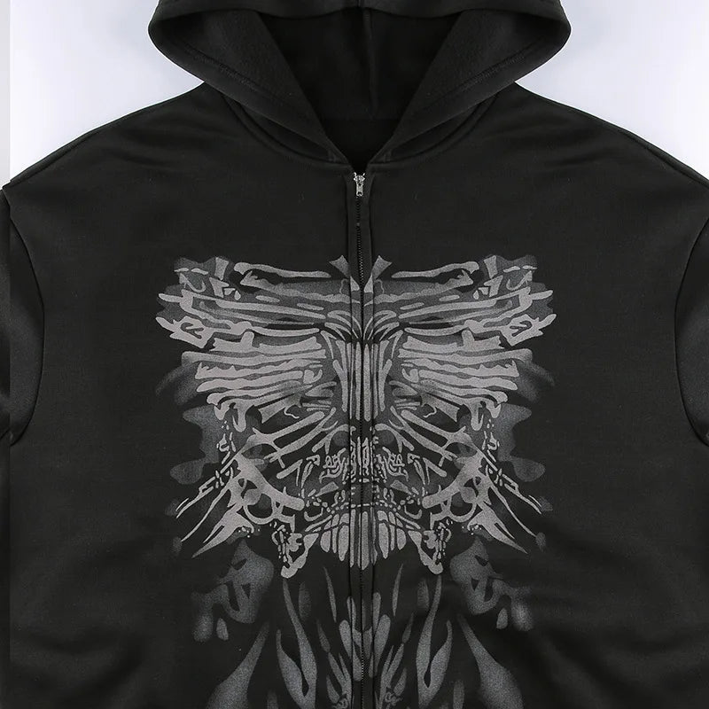 Dark personality printed hoodie female American 2024 new black hooded zipper coat loose casual top Aviola