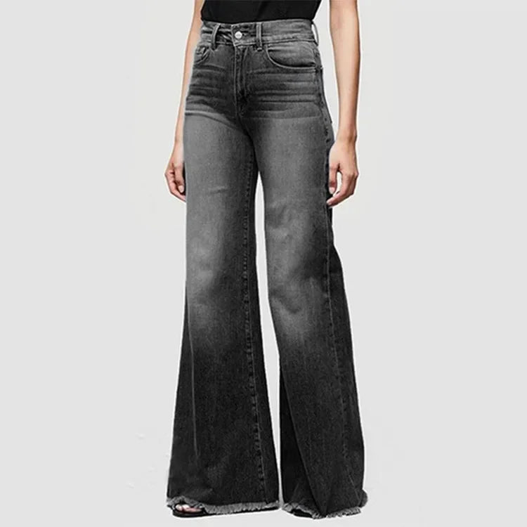 Women Washed Jeans Flare Pants Denim Mid Waist Vintage Denims Pockets Button Basics Full Length Solid Color Casual Trousers Aviola