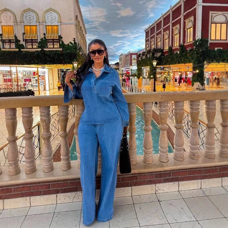 Denim Pant Set Women Two Piece Sets Turn Down Collar Mom Jeans Shirt Tops Wide Leg Long Pants Straight Trousers Y2k Streetwear Aviola