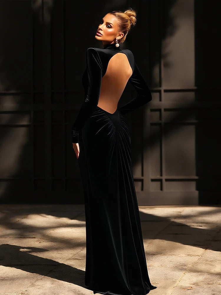 Nibber Backless Maxi Dress Women High Neck Long Sleeves Waistless Peach Buttocks Folds Shoulder Pads Elegant Banquet Vestidos Aviola