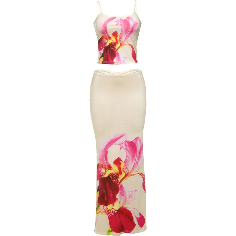 Nibber Vacation Flower Print 2 Piece Set Women Low-Neck Trend Backless Crop Tops+Stretch Long Skirts Trend Beach Style Outfits Aviola