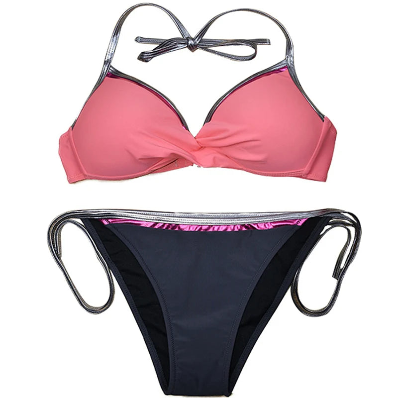 2025 New Sexy Two-piece Bikini Women's Patchwork Halter Swimsuit Hollow Backless Swimwear Tight Cross Push Up Beach Bathing Suit Aviola