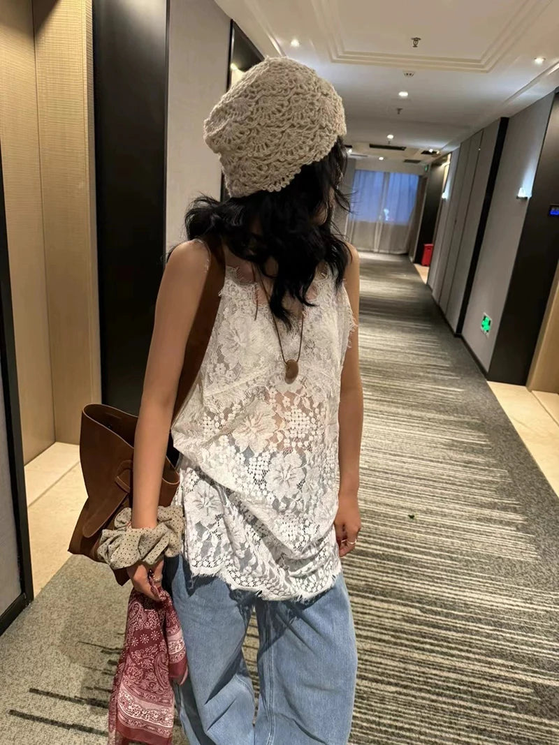 MEXZT Lace Sheer White Tank Top Women Y2K Sexy V Neck Black Camis Fashion Gyaru Streetwear Korean Hollow Out Design Casual Tees Aviola