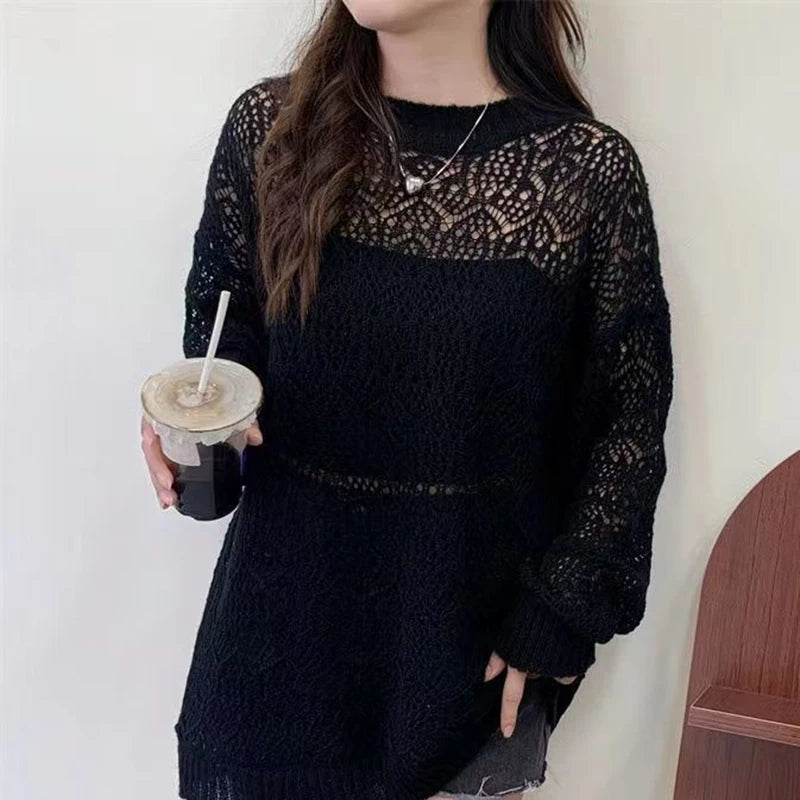 MEXZT Y2K Hollow Out Pullover Sweater Women Sweet Sexy See Through Thin Loose Jumper Korean Oversized Sun Protection Shirt Tops Aviola