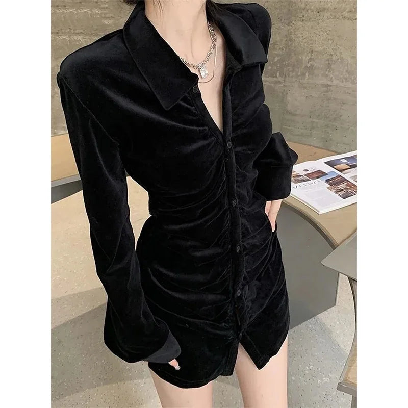 MEXZT Vintage Shirts Women Black Velvet Pleated Blouses Korean Elegant Folds Turn Down Collar Long Sleeve Slim Chic Casual Tops Aviola