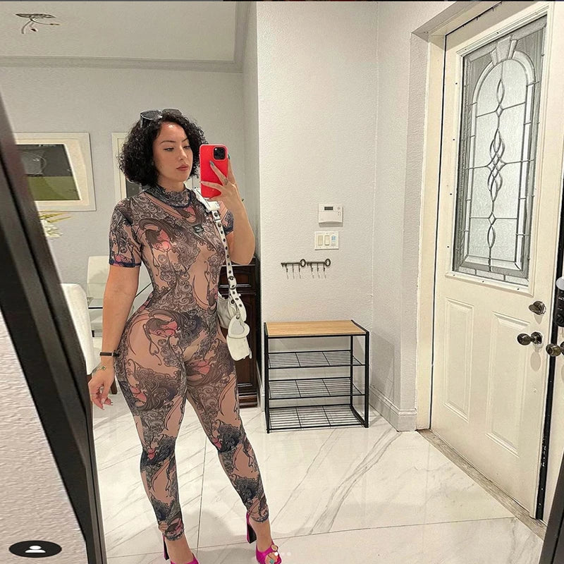 NIBBER Summer Women Round Neck Fashion Printing Short Sleeve Jumpsuit Body Shaper Jumpsuit Street Casual Spice Girl Clothing Aviola