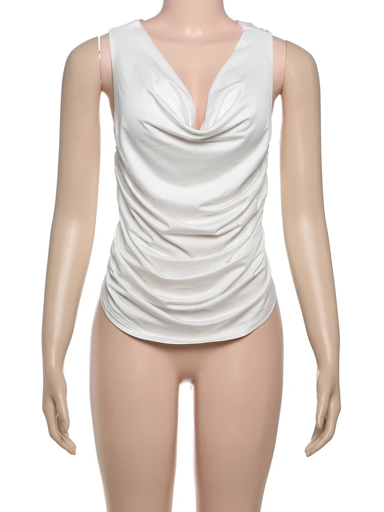 Nibber Skinny Backless Sexy Tank Tops Swing Collar Summer Cross Sleeveless Pleated Solid Elegant Party Streetwear Daily Vest Aviola