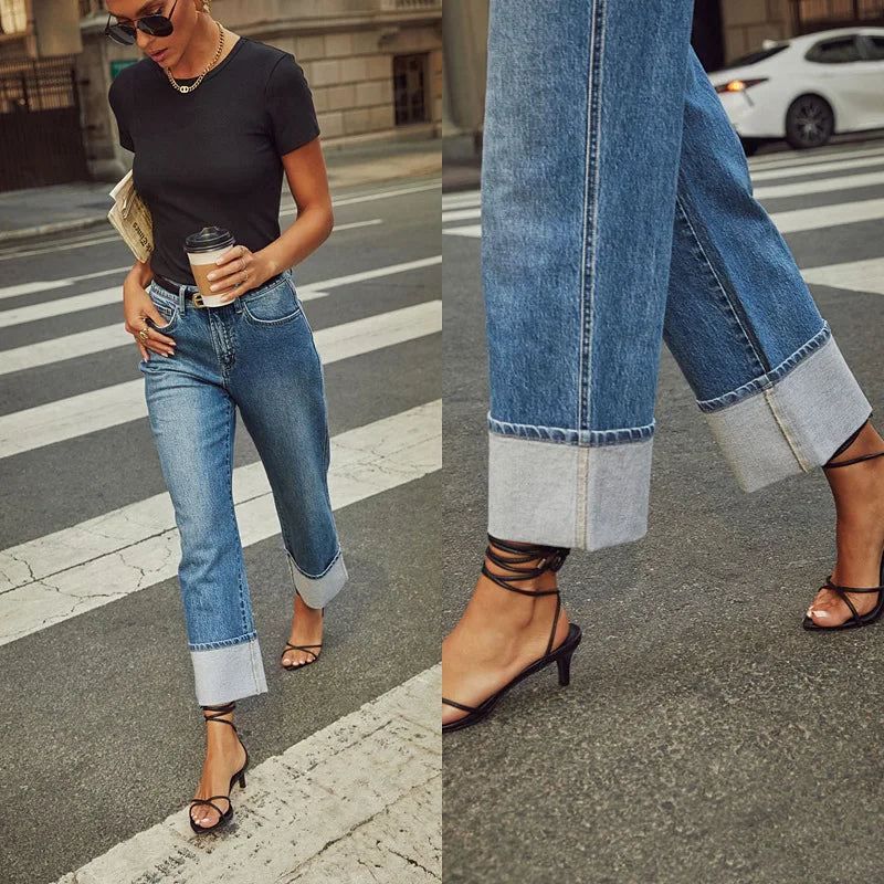 Mom Jeans Women Denim Pant Wide Leg Long Pants Y2k Streetwear High Waist Straight Trousers Elegant Temperament Spring 2025 Aviola