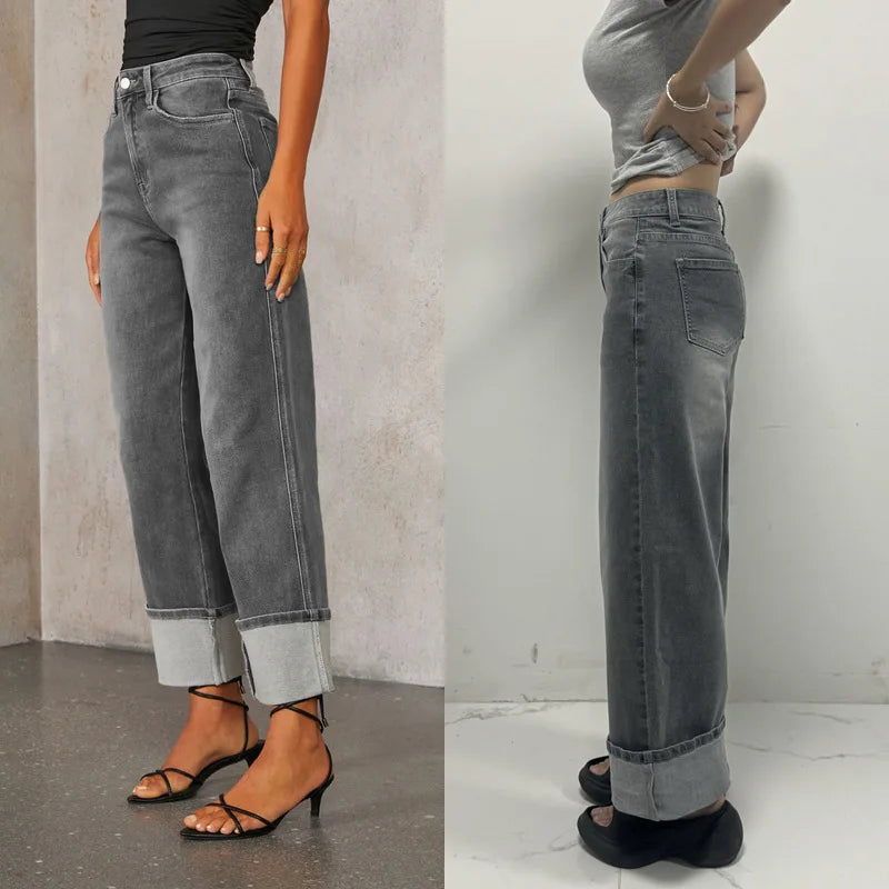 Mom Jeans Women Denim Pant Wide Leg Long Pants Y2k Streetwear High Waist Straight Trousers Elegant Temperament Spring 2025 Aviola