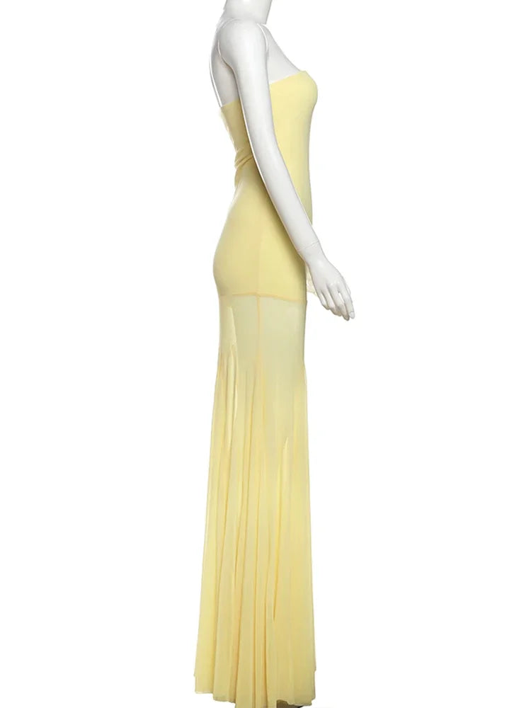 Nibber Patchwork Dress Women See Through Temperament Solid Pleated Strapless Sleeveless Backless Slim Banquet Party Vestidos Aviola