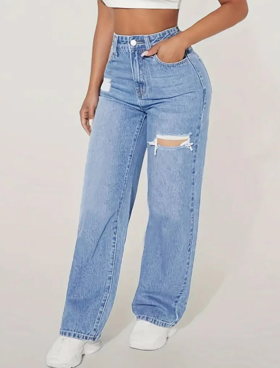 Mom Jeans Women Denim Pant Wide Leg Long Pants Hole High Waist Straight Trousers Y2k Streetwear Work Splice Casual 2025 Punk Aviola