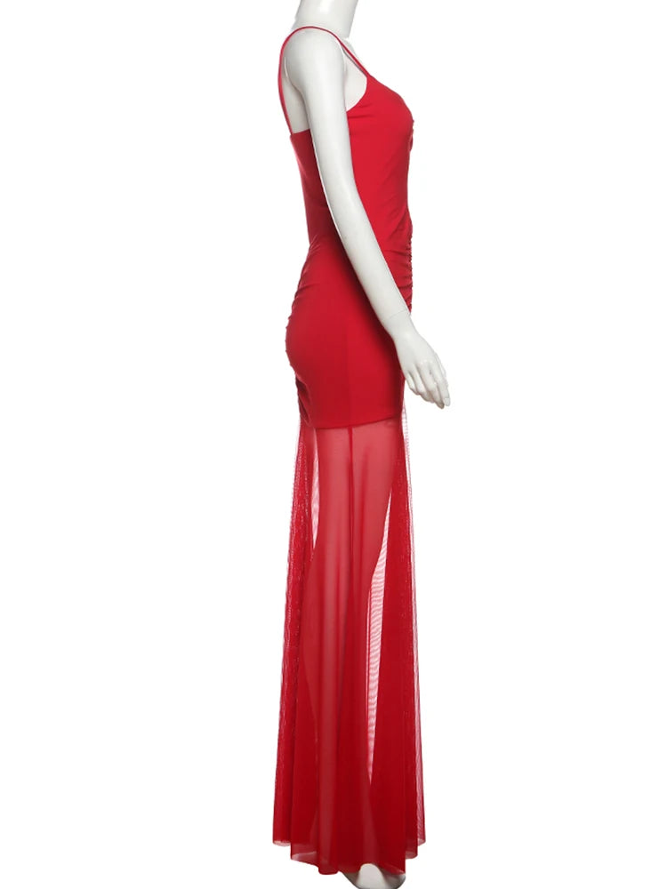 Nibber Hollow Elegant Sexy Maxi Dress Women Low-Neck Off Shoulder Backless Mesh See Through Hem Vacation Beach Party Outfits Aviola