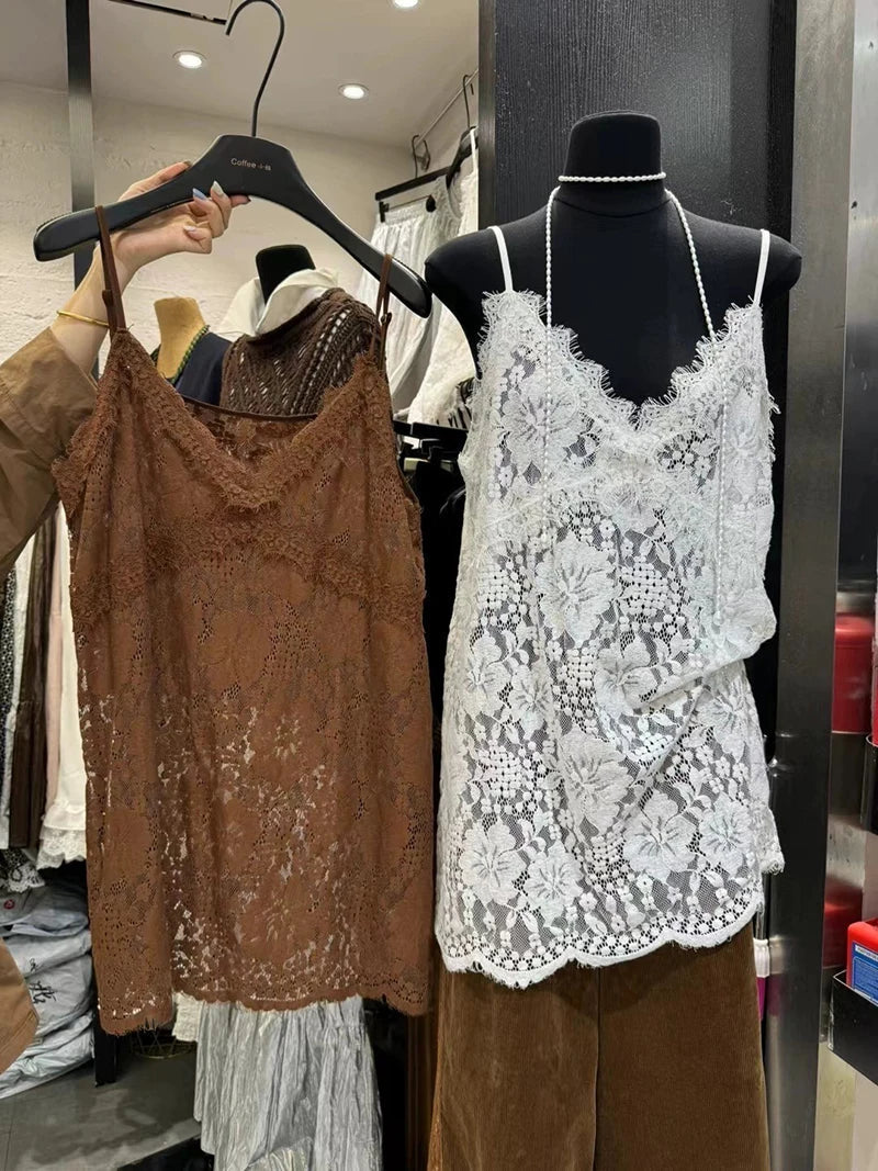 MEXZT Lace Sheer White Tank Top Women Y2K Sexy V Neck Black Camis Fashion Gyaru Streetwear Korean Hollow Out Design Casual Tees Aviola