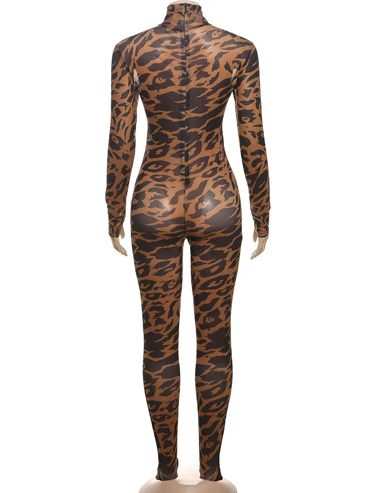 Nibber Full Sleeve Leopard Print Foot Jumpsuit Women See Through Turtleneck Coquette Midnight Club Activity Workout Overalls Aviola