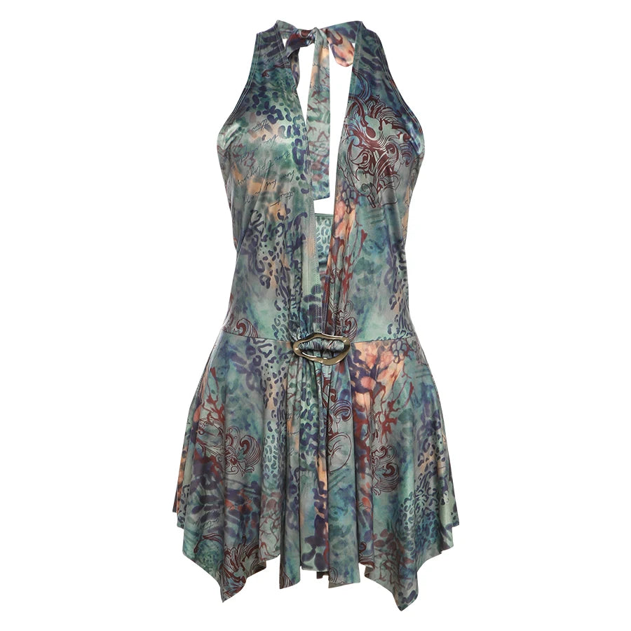 Nibber Vacation Fashion Print Mini Dress Women Halter Deep V-Neck Sexy Backless Ruched Ruffles Hem Trend Beach Party Outfits Aviola