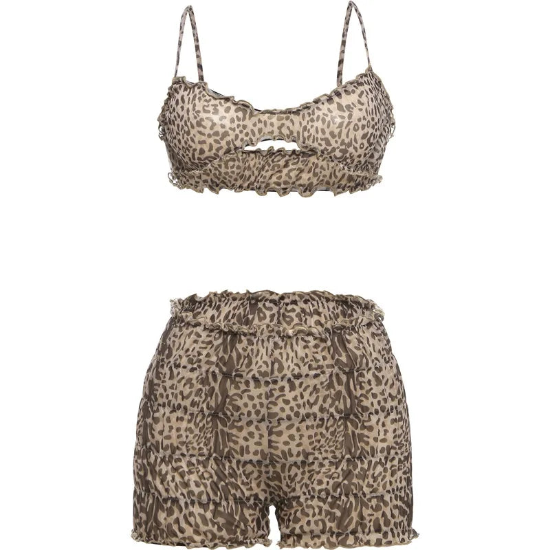 nibber Sexy Leopard Print Women 2 Piece Set Y2K See Through Summer Ruffles Camisole+Shorts Vacation Matching Clubwear Outfits Aviola