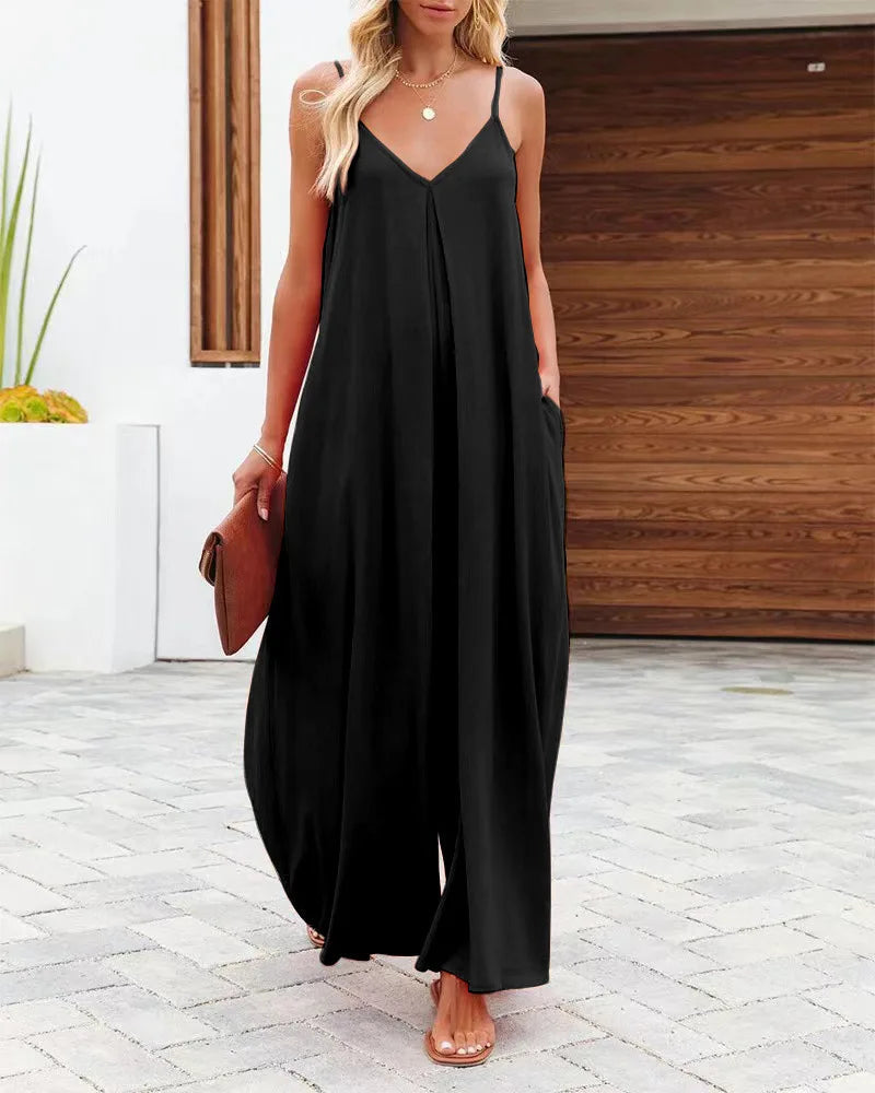 Women Jumpsuits V Neck One Piece Ankle Length Wide Leg Pants Rompers Backless Overalls Solid Pockets Loose Casual Mid Waist Aviola