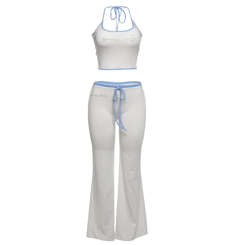 Nibber Fad Casual Letter Print 2 Piece Set Women Halter Bandage Crop Tops+Drawstring Stretch Flare Pants Vacation Simple Suits Aviola