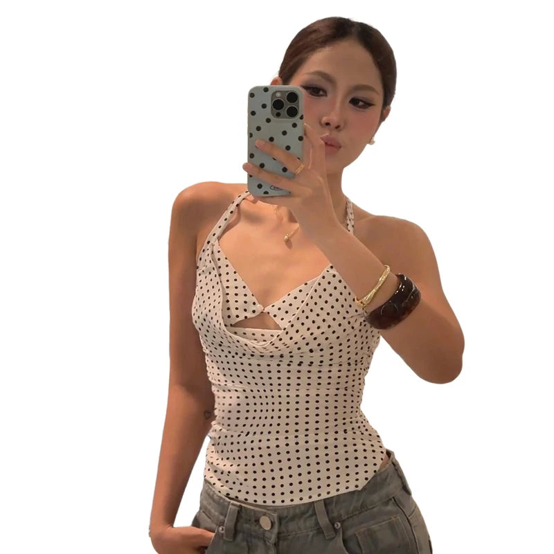 Nibber Hollow Vest Women Bandage Backless v-Neck Skinny Polka Dot Print Folds Sexy Midnight Daily Street Fashion Party Tops Aviola