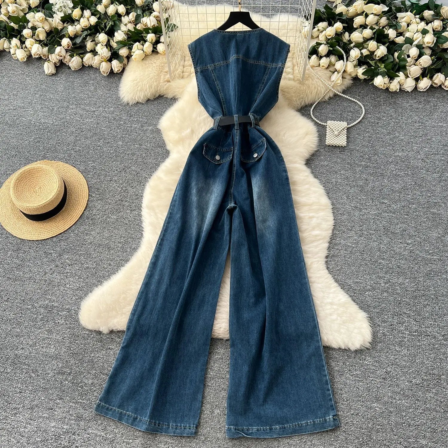 Denim Jumpsuits Women One Piece Wide Leg Pants Washed Distressed Sleeveless Pockets 2025 Streetwear High Waist Jeans Trousers Aviola