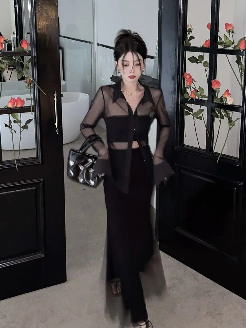 MEXZT Y2K Mesh Sheer Shirts Women Sexy Black See Through Blouses Summer Korean Fashion Aesthetic Long Sleeve Slim Chic Tops New Aviola