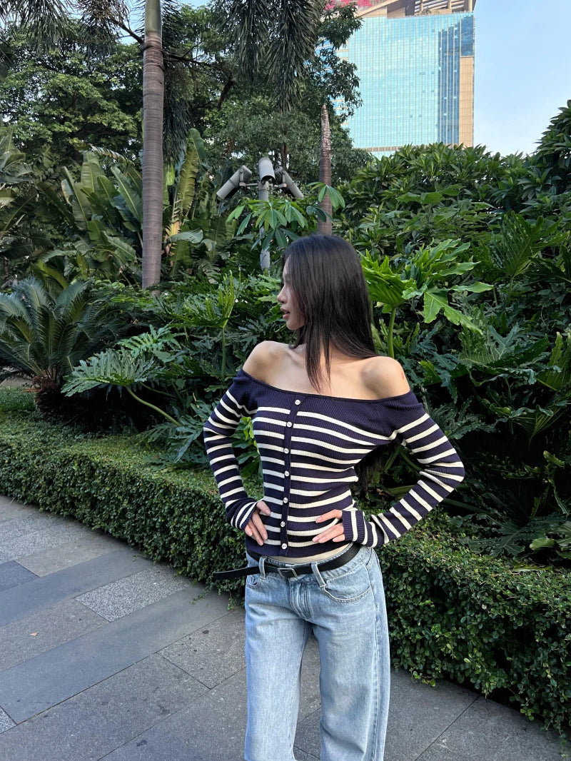 MEXZT Vintage Striped Sweater Women Sexy Cropped Slash Neck Knitted Pullovers Streetwear Korean Knitwears Winter Ladies Jumpers Aviola