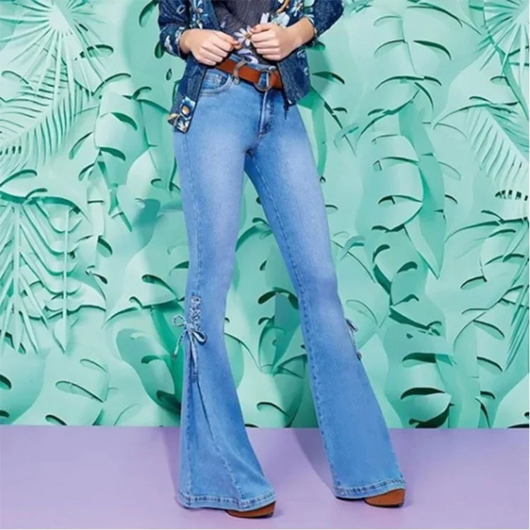 Full Length Flare Pants Women Jean Washed Denim Pants Zipper Fly Loose Fit Pockets High Waist Basics Lace Up Vintage Solid Aviola