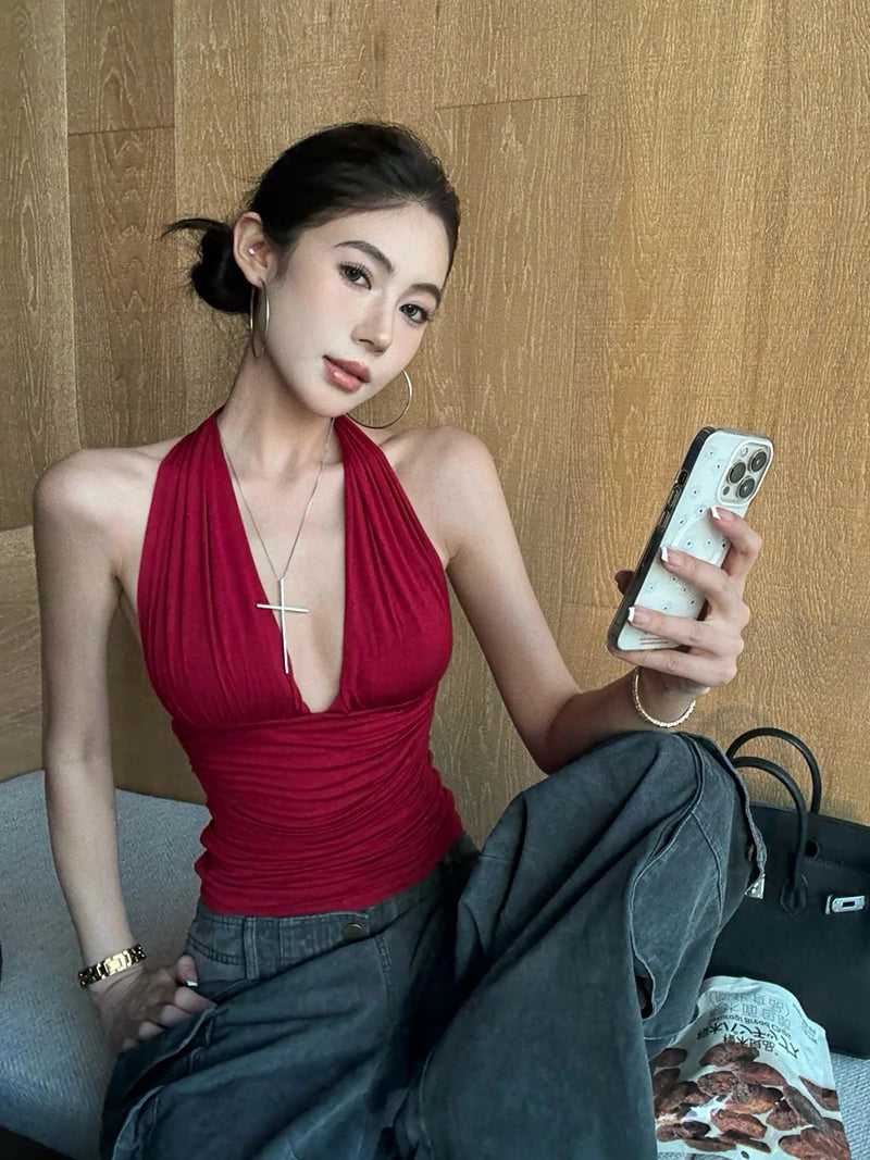 MEXZT Y2K Red Tank Top Women Streetwear Sexy Gyaru Halter Backless Corset Grunge Aesthetic V Neck Camis Summer Coquette Clothes Aviola