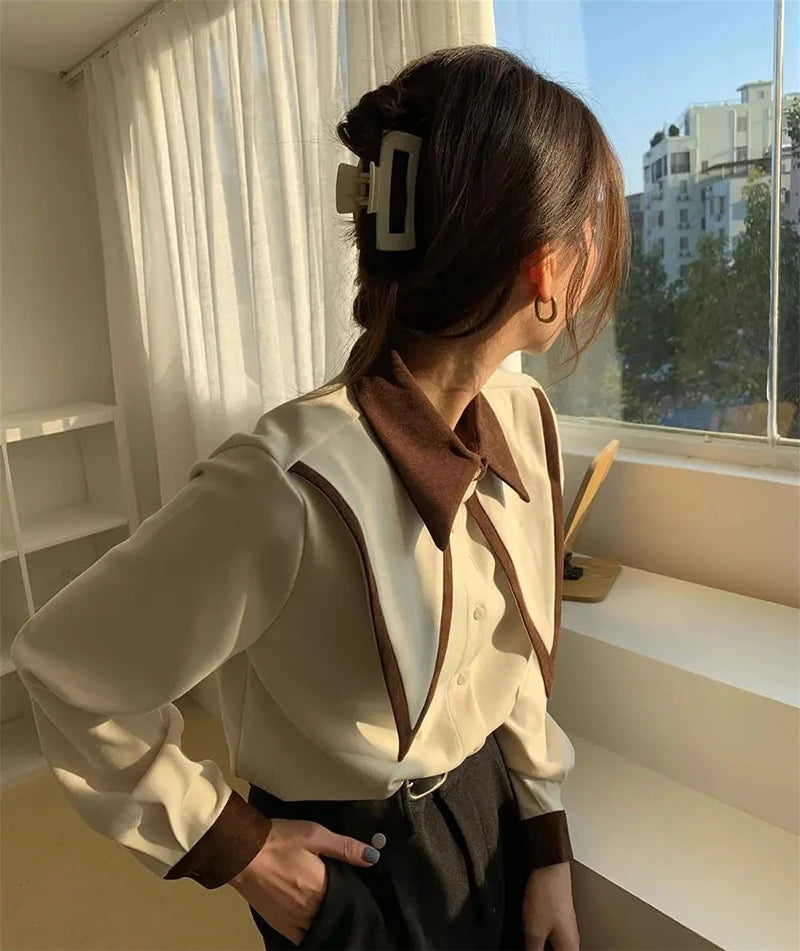 MEXZT Vintage Elegant Shirts Women Chiffon Patchwork Ruffle Turn Down Collar Long Sleeve Blouse Korean Office Lady Loose Tops Aviola