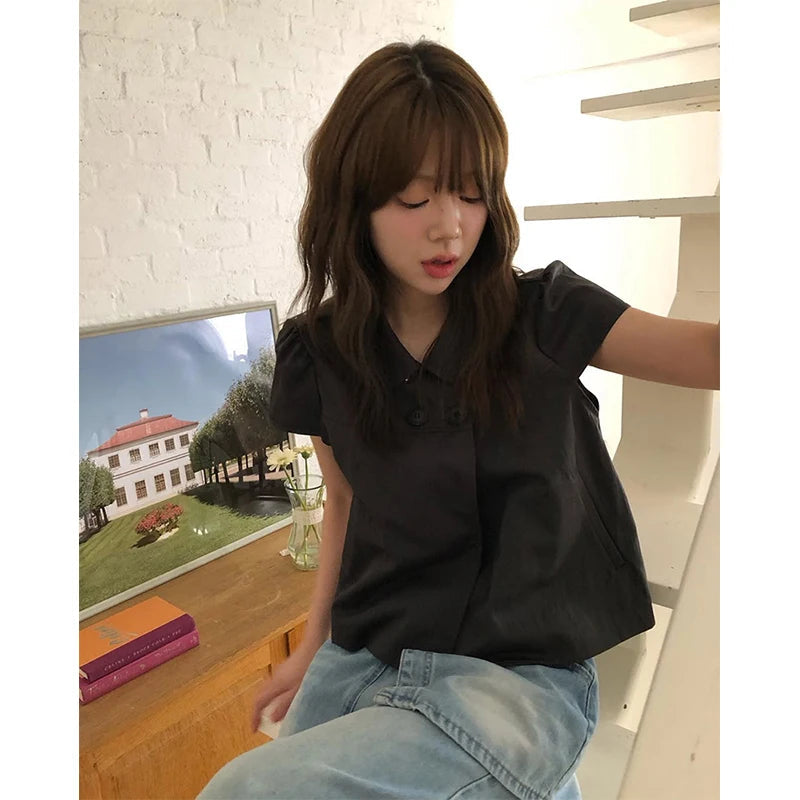 MEXZT Vintage Black Shirts Women Japanese Harajuku White Cropped Puff Short Sleeve Blouses Summer Korean Casual Design Tops New Aviola