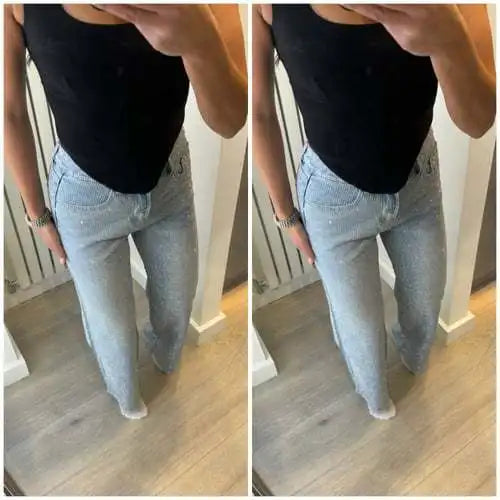 Denim Pant Women Mom Jeans Long Pants Hot Drilling Slim Fit High Waist Straight Trousers Y2k Streetwear Splice Club Party 2025 Aviola