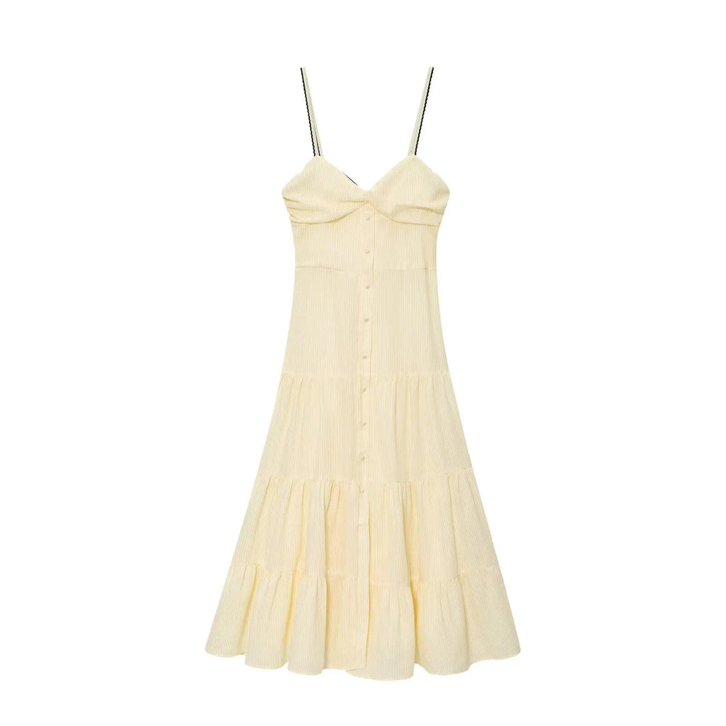 UNIZERA Pleated contrast lace trim striped suspender dress 2025 summer new arrivals women's casual loose midi dress Aviola