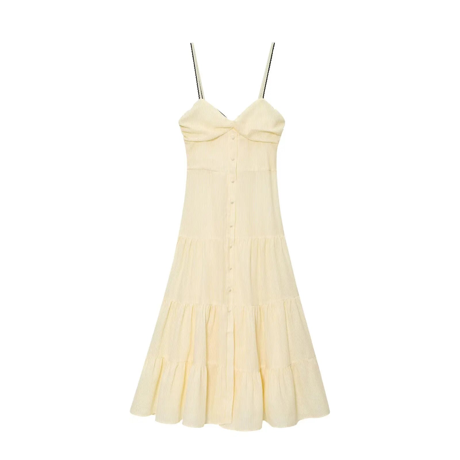 UNIZERA Pleated contrast lace trim striped suspender dress 2025 summer new arrivals women's casual loose midi dress Aviola