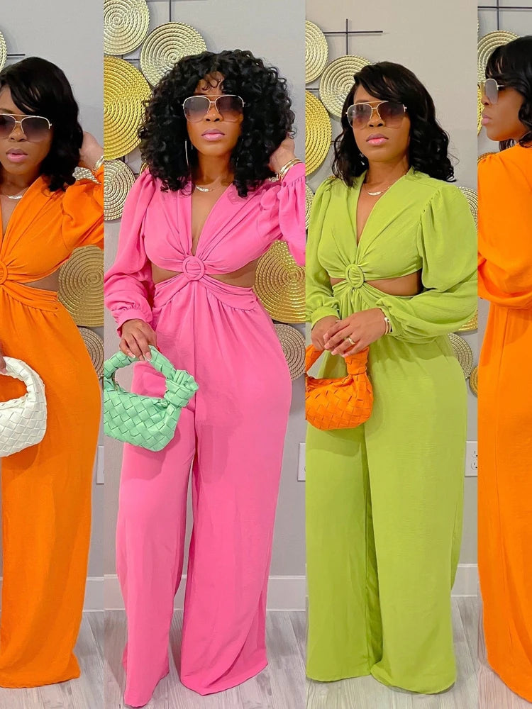 Jumpsuits Long Sleeve One Piece V Neck Women Rompers Backless Sexy Overalls Solid Wide Leg Pants Pockets Spliced Full Length Aviola