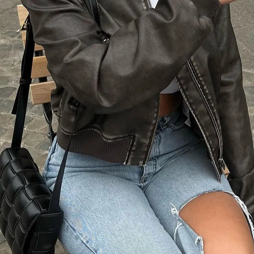 RARF  Women's  new vintage imitation leather bomber jacket coat top women's style Aviola