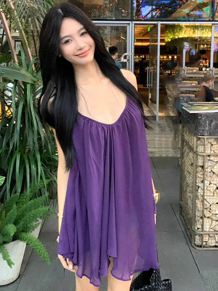 Nibber Backless Dress Women Low-Neck Folds Sleeveless Mesh Solid Summer Fashion Beach Party Vacation Simple Sexy Mini Bodycon Aviola