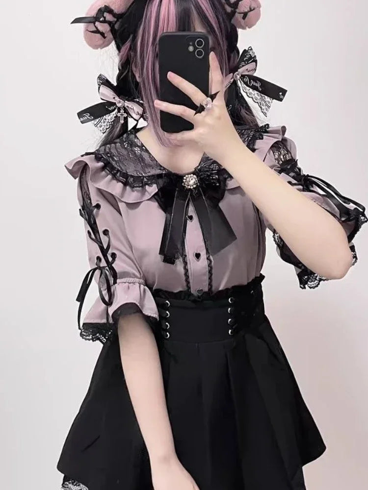 MEXZT Kawaii Bow Pink Shirts Women Japanese Jk Lolita Lace Patchwork White Blouses Summer Y2K Aesthetic Flare Short Sleeve Tops Aviola