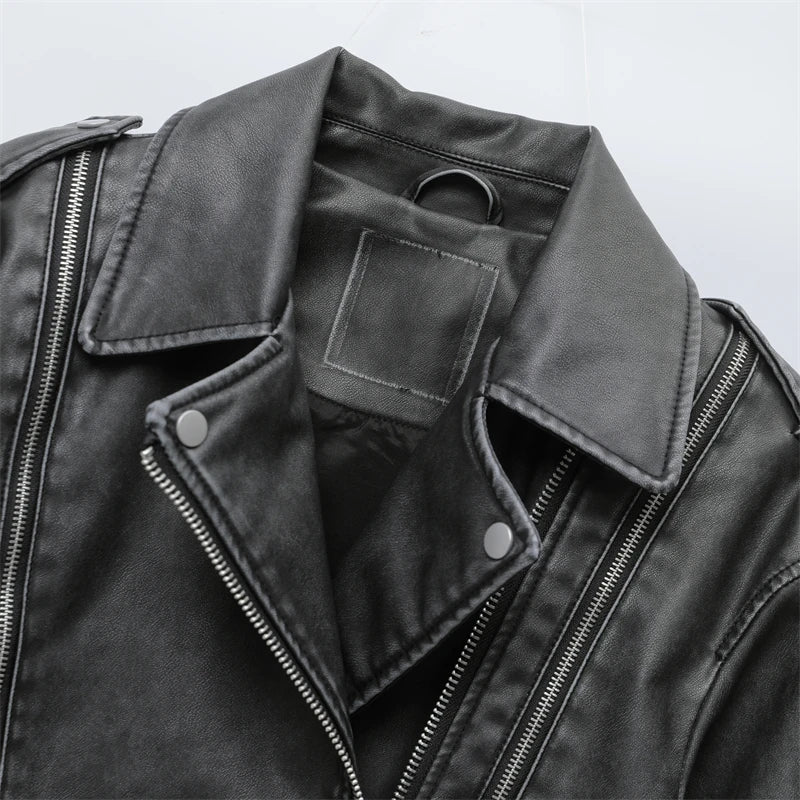 RARF 2024 Women's new short make old effect imitation leather motorcycle jacket jacket women's washed gray leather coat Aviola