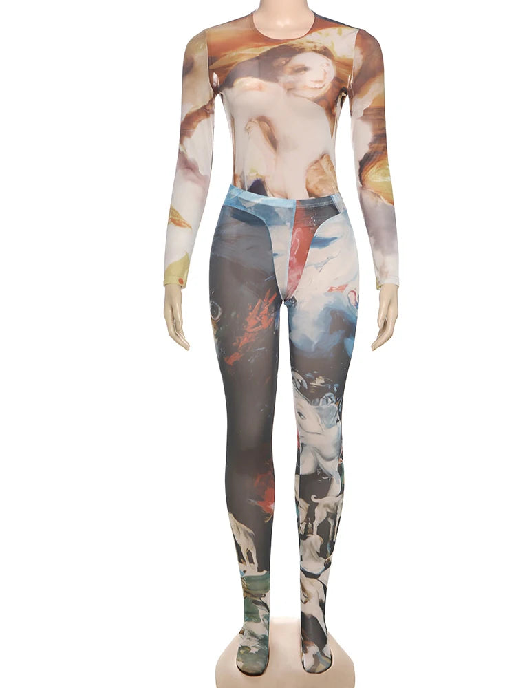 Nibber Skinny Aesthetic Print Women Tracksuit 2 Piece Set Sexy Hipster Thin Bodysuit+Leggings Tight Stretch Street Matching Suit Aviola