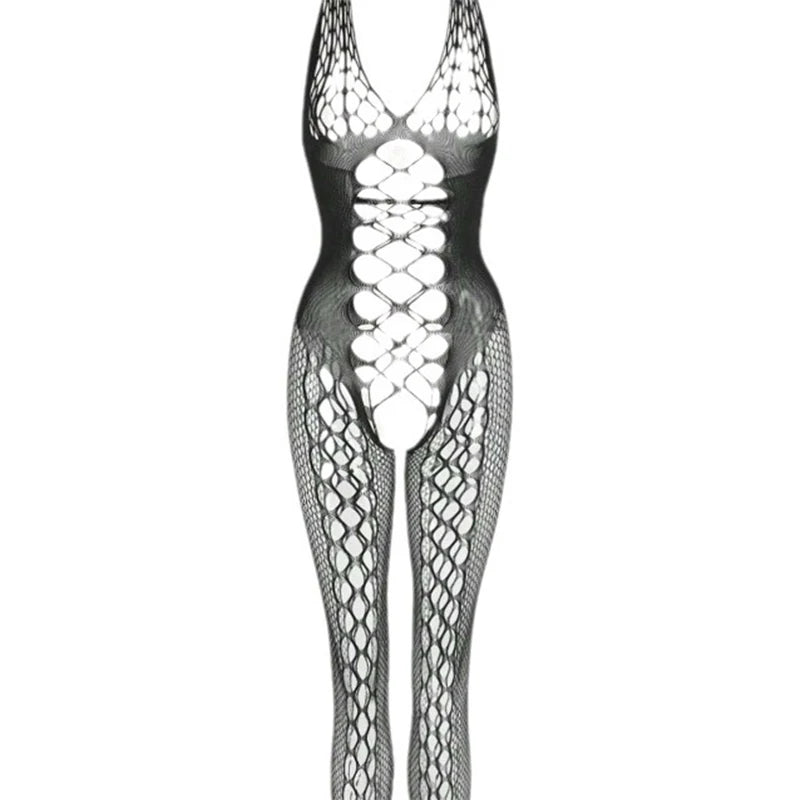One Pieces Crotchless Lingerie Women Sexy Mesh Hollow Tights Transparent Bodystocking Sex Backless Deep V Hanging Neck Pantyhose Aviola