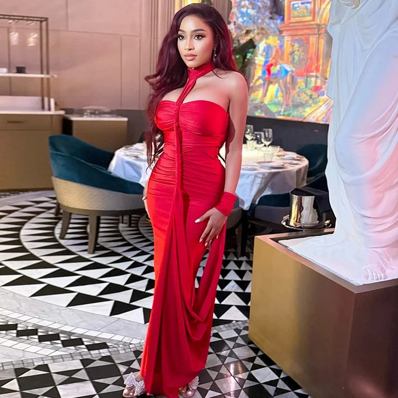 Nibber Elegant Halter Maxi Dress Women Backless Skinny Solid Hand Strap Hem Summer Trend Sexy Vacation Birthday Party Vestidos Aviola