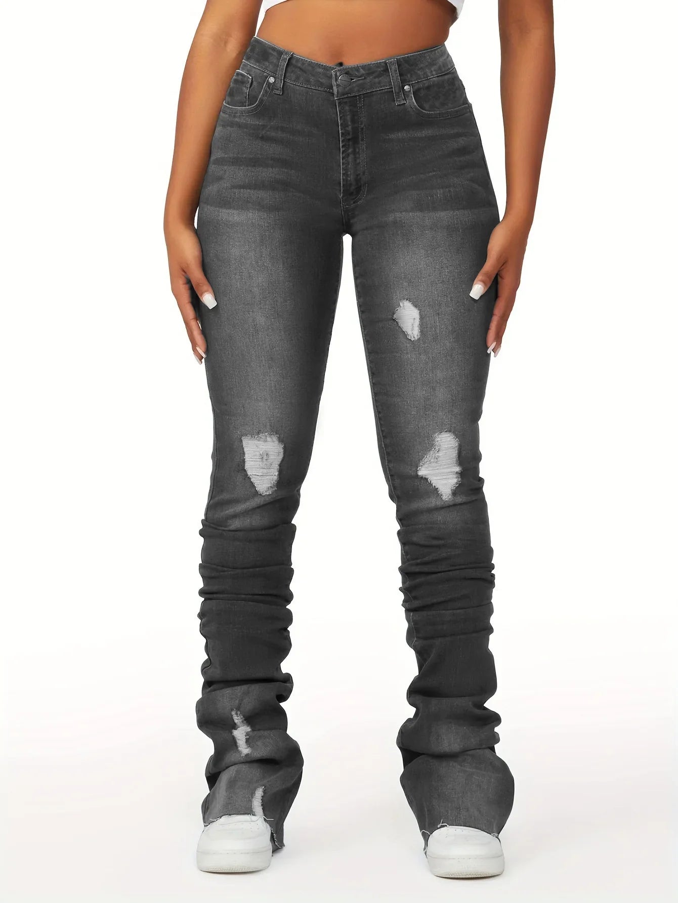 Washed Denim Straight Pants Women Ankle Length Jean Ripped Hole Distressed Pockets Solid Casual Skinny Vintage High Waist Aviola